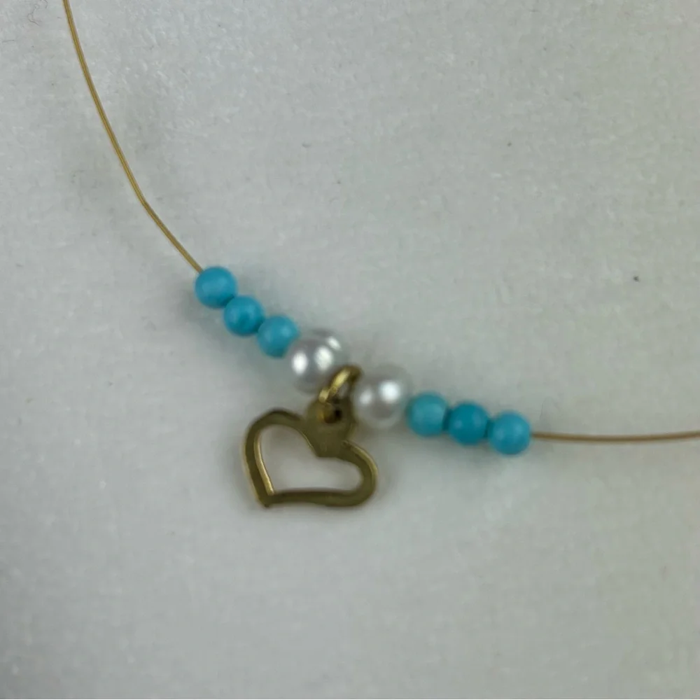 Gold Plated 925 Sterling Silver Heart Necklace w Genuine Turquoise Beads Pearls - Picture 5 of 13